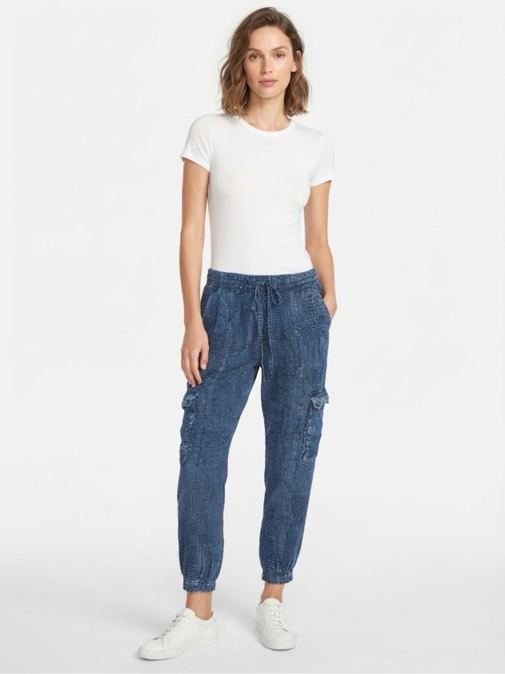 Johnny Was Indigo Lyocell Sashiko Stitch Jogger Cargo Capri Pants Size M